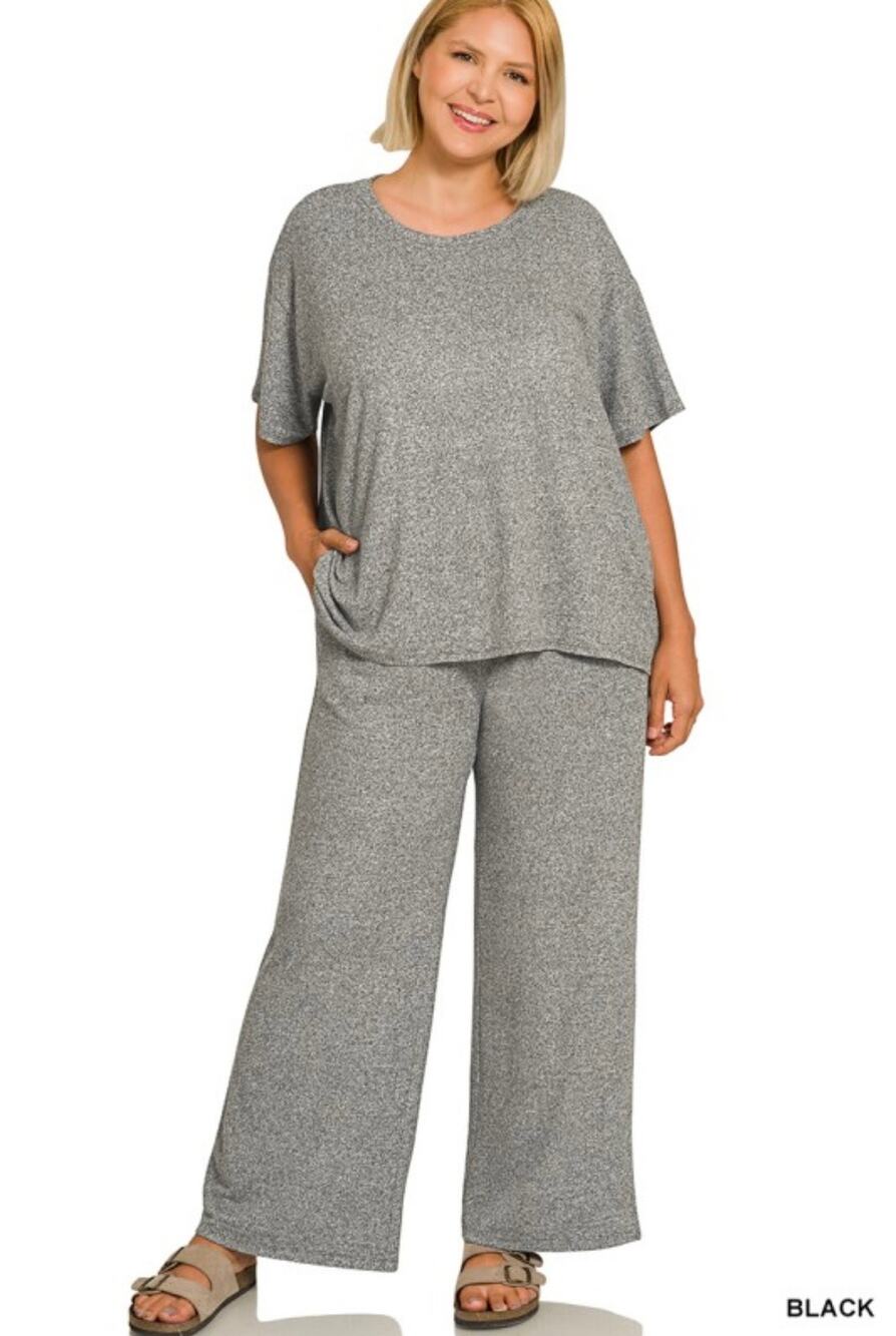 Zenana Black Two-Tone Soft Melange Tee & Pant Set – Size 2X